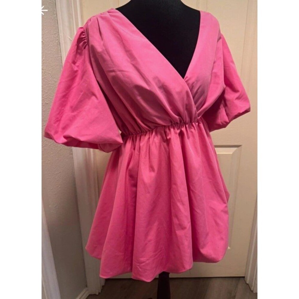 entro Pink Solid A-Line Mini Dress V-Neck Puff Sleeve Elastic Waist Cotton M